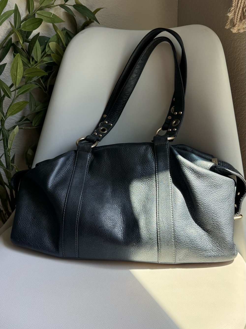 HOBO International Black Leather Satchel Grommet Studded Shoulder Bag Boho Y2K
